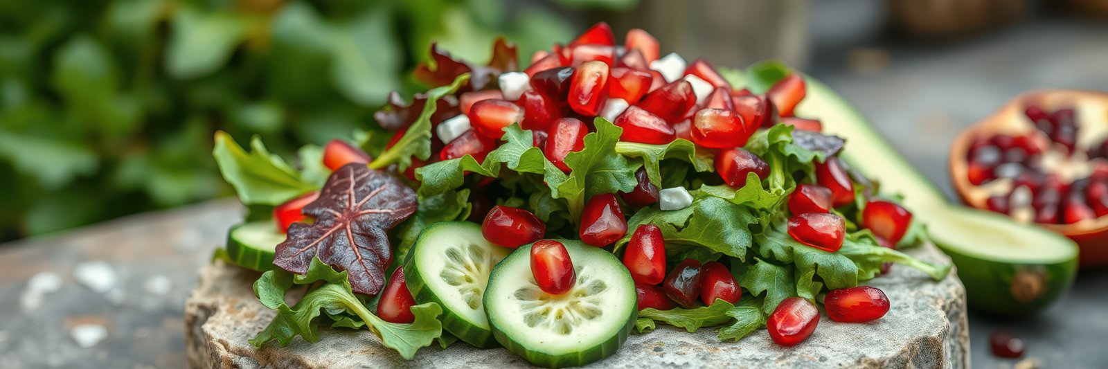Fresh salad prepared with leafy greens, cucumber slices, and pomegranate seeds in a garden setting